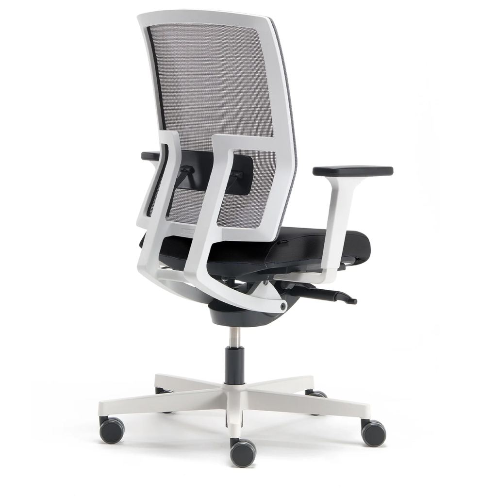 m2 task chair, fabric black, mesh back, white plastic, polyamide base on castors