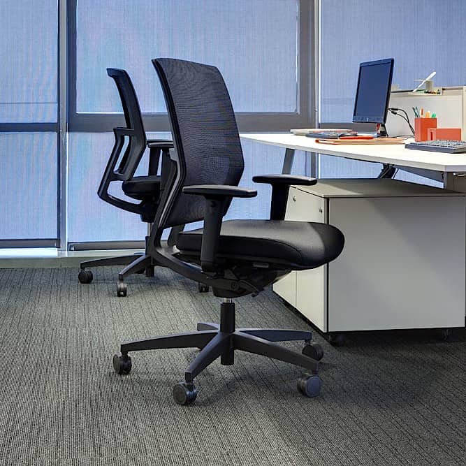 m2 task chair, fabric black, mesh back, black plastic, polyamide base on castors